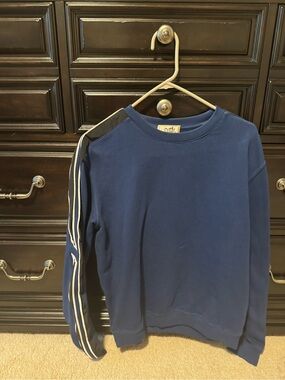 Hermes Navy Crewneck Sweater with White & Black Stripe Sleeve